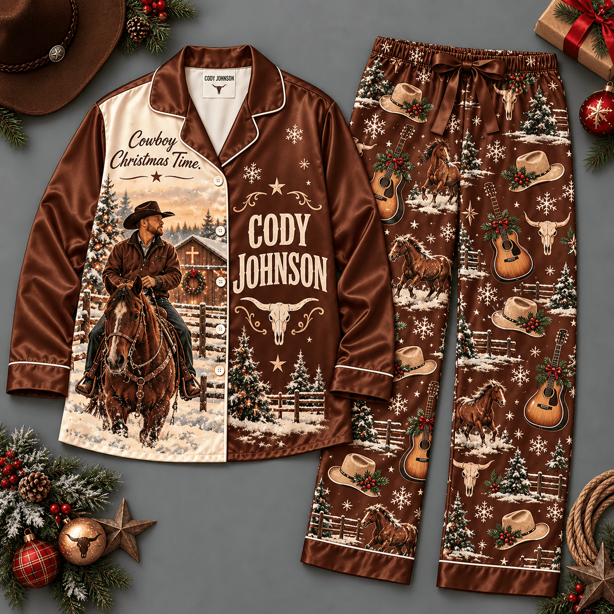 Cody Johnson Cowboy Long Sleeve Pajamas Set with Western Christmas Ornaments NDN Flat Pajamas Mockup