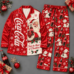 Coca Cola Santa Long Sleeve Pajamas Set with Christmas Bottles and Snowflakes NDN Flat Pajamas Mockup