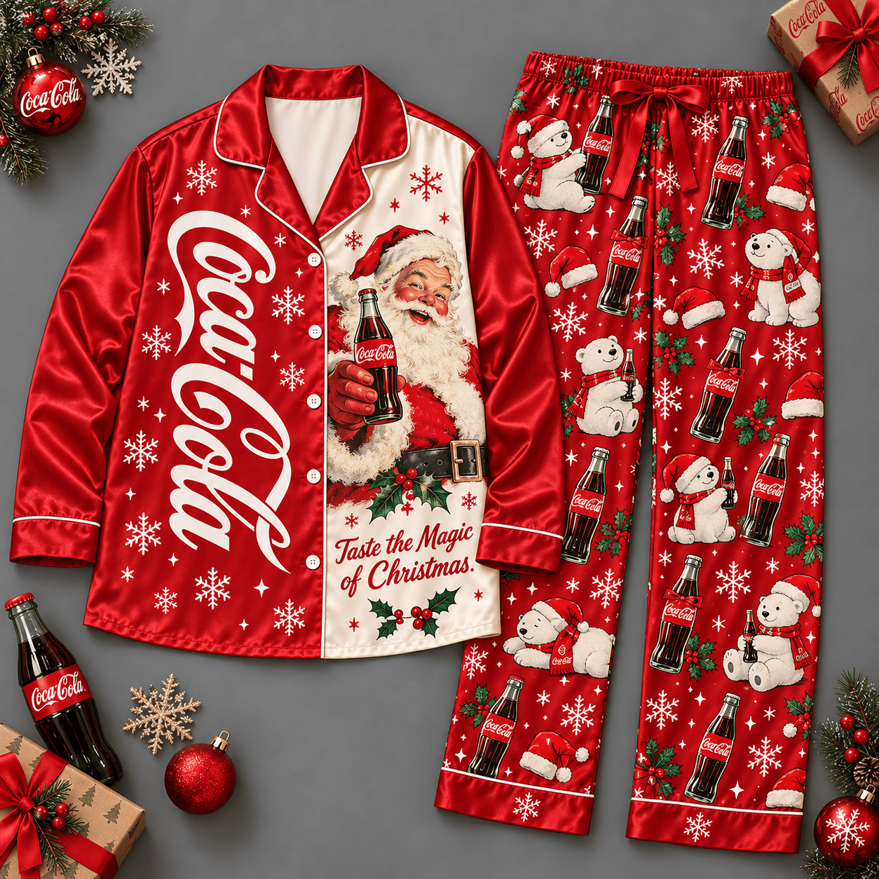 Coca Cola Santa Long Sleeve Pajamas Set with Christmas Bottles and Snowflakes NDN Flat Pajamas Mockup