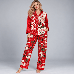 Coca Cola Santa Long Sleeve Pajamas Set with Christmas Bottles and Snowflakes NDN Worn Pajamas Mockup