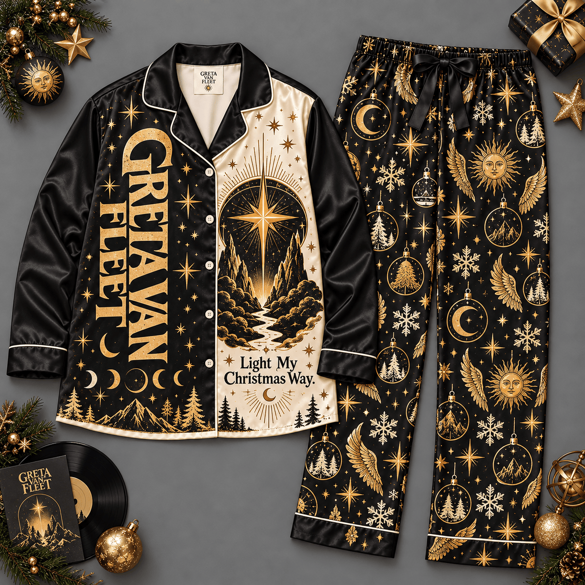 Christian Jesus Nativity Long Sleeve Pajamas Set with Golden Stars and Moons NDN Flat Pajamas Mockup