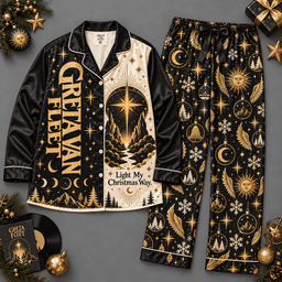 Christian Jesus Nativity Long Sleeve Pajamas Set with Golden Stars and Moons NDN Flat Pajamas Mockup