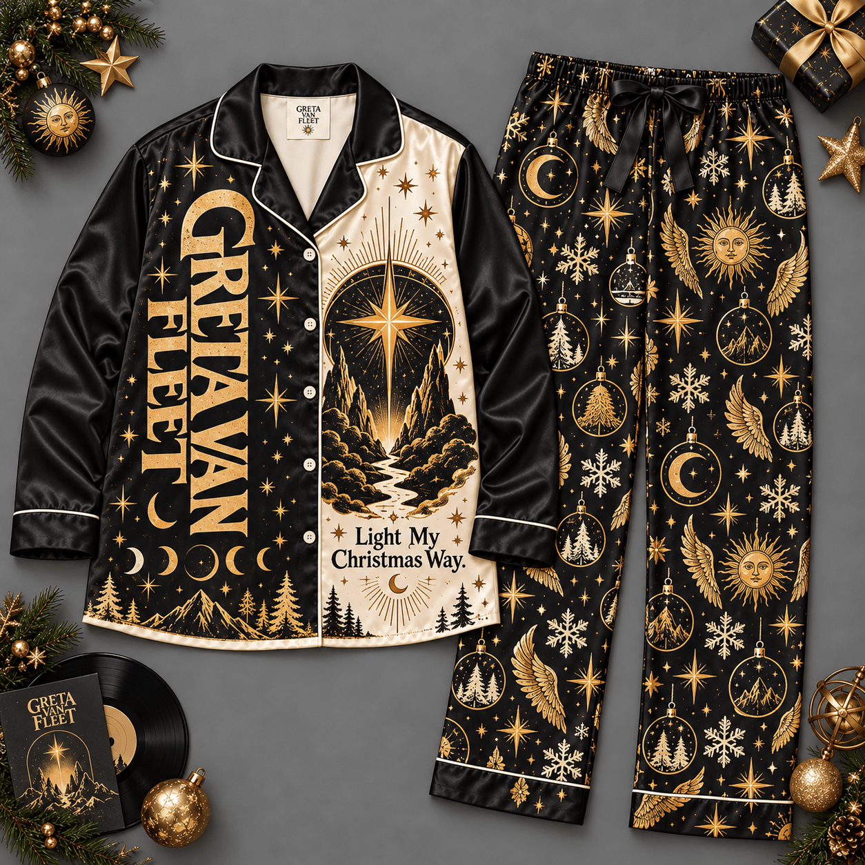Christian Jesus Nativity Long Sleeve Pajamas Set with Golden Stars and Moons NDN Flat Pajamas Mockup