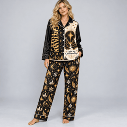 Christian Jesus Nativity Long Sleeve Pajamas Set with Golden Stars and Moons NDN Worn Pajamas Mockup