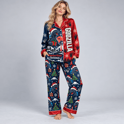 Godzilla Christmas Snowflake Print Long Sleeve Pajamas Set with Red Trim NDN Worn Pajamas Mockup