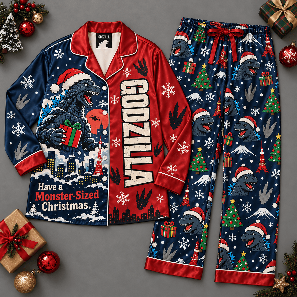 Godzilla Christmas Snowflake Print Long Sleeve Pajamas Set with Red Trim NDN Flat Pajamas Mockup