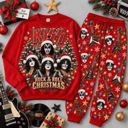 KISS Rock and Roll Christmas Portrait Sweater Jogger Set for Glam Rock Fans NDN Red Flat