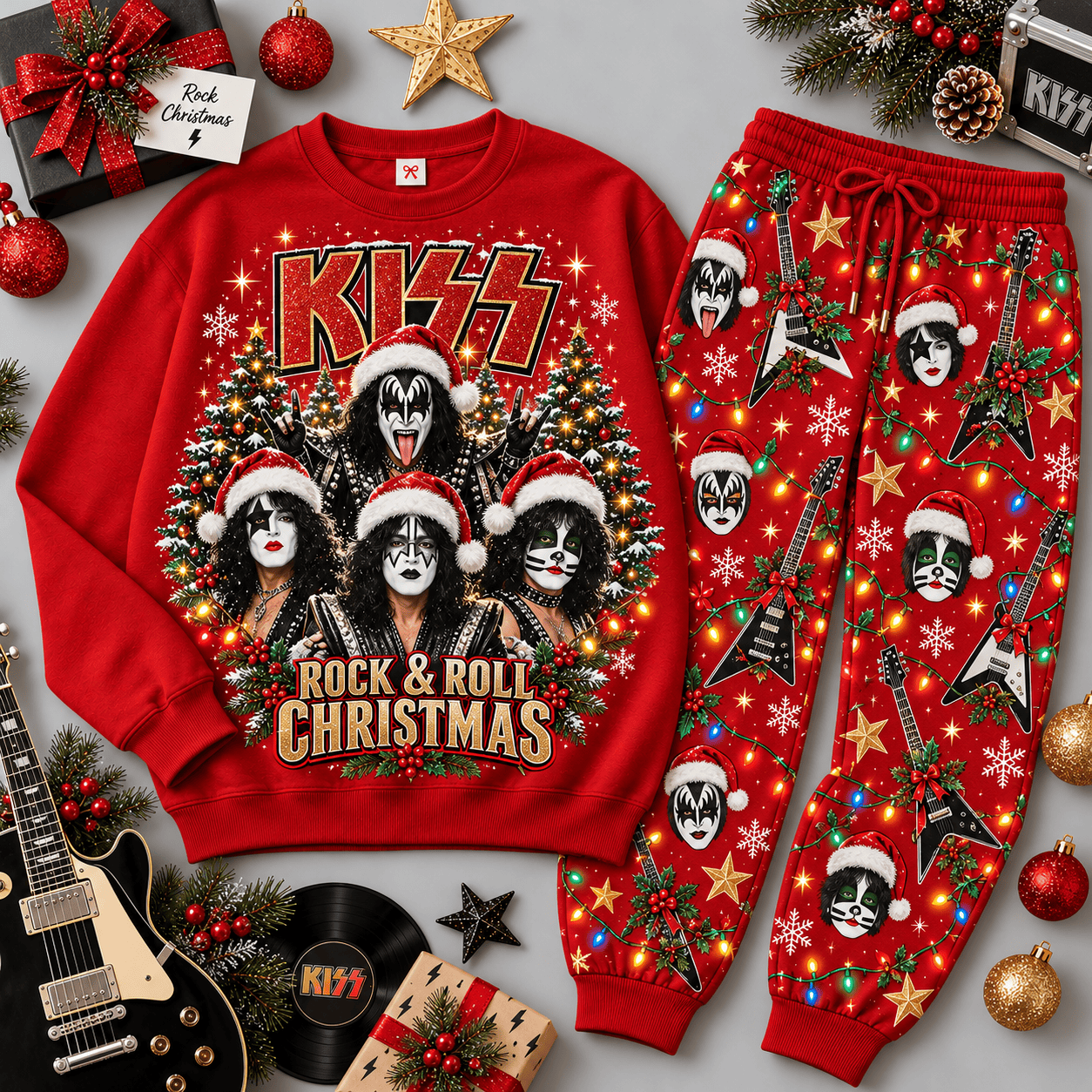 KISS Rock and Roll Christmas Portrait Sweater Jogger Set for Glam Rock Fans NDN Red Flat