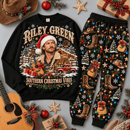 Riley Green Southern Christmas Vibes Portrait Sweater Jogger Set for Country Fans NDN Black Flat