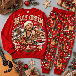 Riley Green Southern Christmas Vibes Portrait Sweater Jogger Set for Country Fans NDN Red Flat