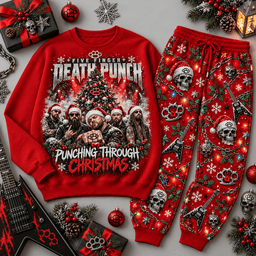 Five Finger Death Punch Christmas Skull Sweater Jogger Set for Heavy Metal Fans NDN Red Flat