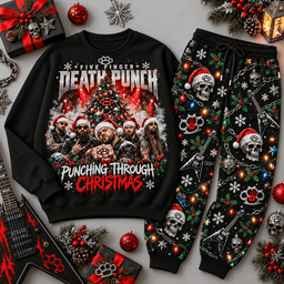Five Finger Death Punch Christmas Skull Sweater Jogger Set for Heavy Metal Fans NDN Black Flat