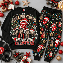 The Rolling Stones Christmas Tongue Portrait Sweater Jogger Set for Classic Rock Fans NDN Black Flat