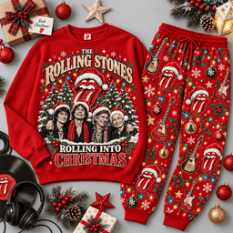 The Rolling Stones Christmas Tongue Portrait Sweater Jogger Set for Classic Rock Fans NDN Red Flat