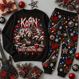 Korn Twisted Christmas Vibes Portrait Sweater Jogger Set for Alternative Metal Fans NDN Black Flat