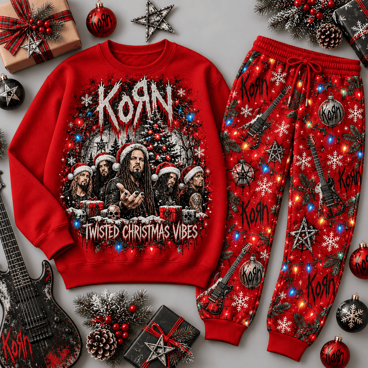 Korn Twisted Christmas Vibes Portrait Sweater Jogger Set for Alternative Metal Fans NDN Red Flat
