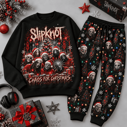 Slipknot Chaos for Christmas Masked Portrait Sweater Jogger Set for Metal Fans NDN Black Flat
