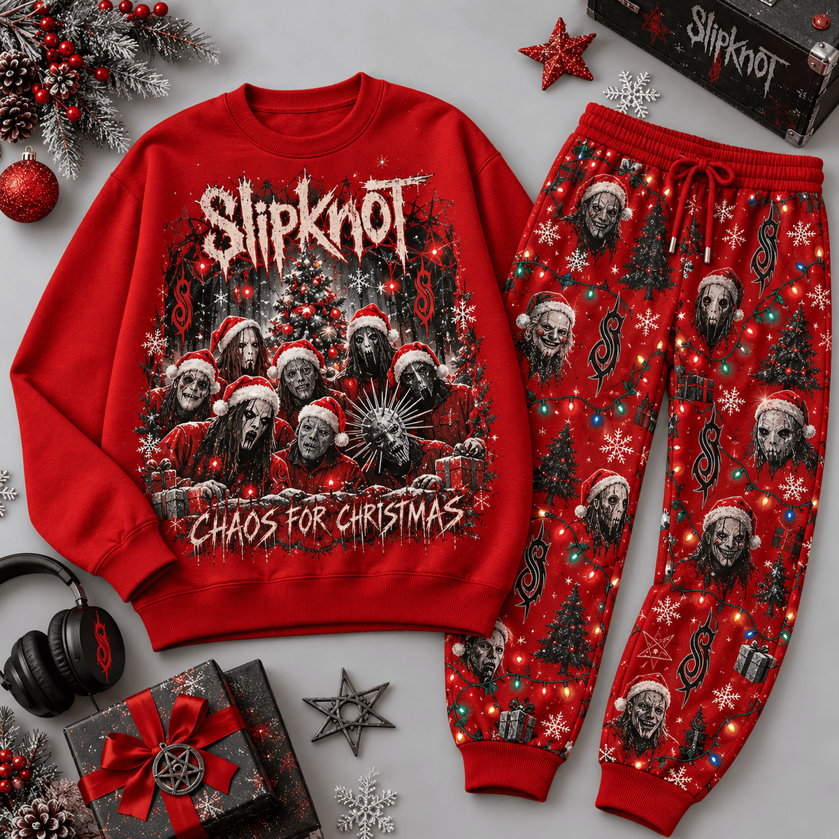 Slipknot Chaos for Christmas Masked Portrait Sweater Jogger Set for Metal Fans NDN Red Flat