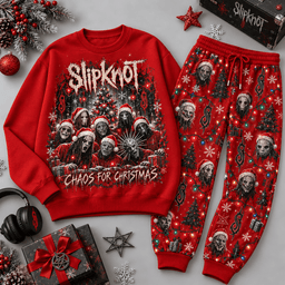 Slipknot Chaos for Christmas Masked Portrait Sweater Jogger Set for Metal Fans NDN Red Flat