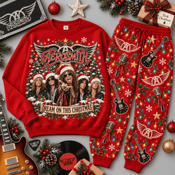 Aerosmith Dream On This Christmas Portrait Sweater Jogger Set for Classic Rock Fans NDN Red Flat