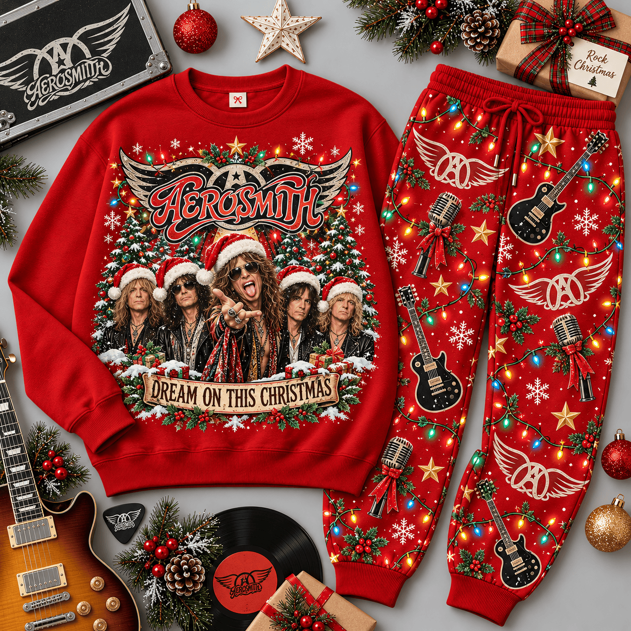 Aerosmith Dream On This Christmas Portrait Sweater Jogger Set for Classic Rock Fans NDN Red Flat