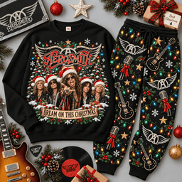 Aerosmith Dream On This Christmas Portrait Sweater Jogger Set for Classic Rock Fans NDN Black Flat