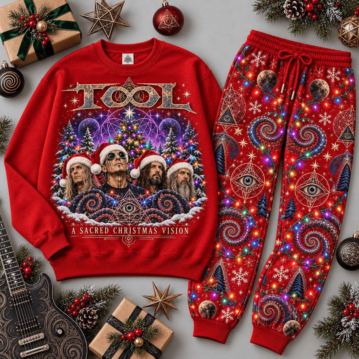 Tool Sacred Christmas Vision Spiral Eye Sweater Jogger Set for Progressive Metal Fans NDN Red Flat