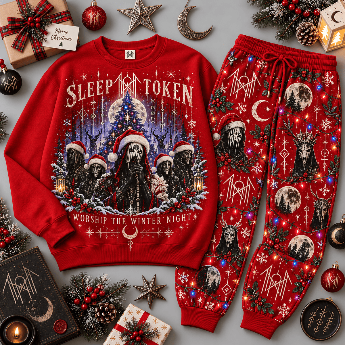 Sleep Token Worship the Silent Night Masked Sweater Jogger Set for Devoted Fans NDN Red Flat