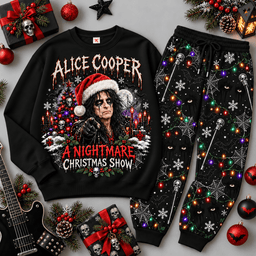 Alice Cooper Nightmare Christmas Show Portrait Sweater Jogger Set for Shock Rock Fans NDN Black Flat
