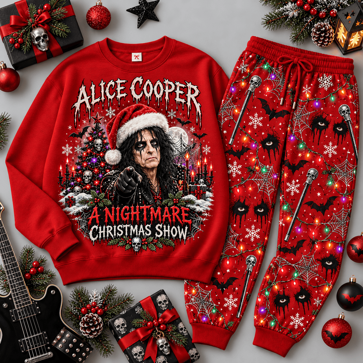 Alice Cooper Nightmare Christmas Show Portrait Sweater Jogger Set for Shock Rock Fans NDN Red Flat