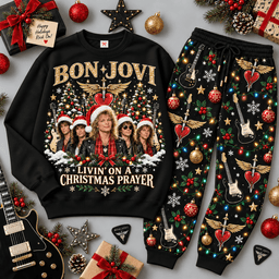 Bon Jovi Christmas Prayer Portrait Sweater Jogger Set for Arena Rock Fans NDN Black Flat