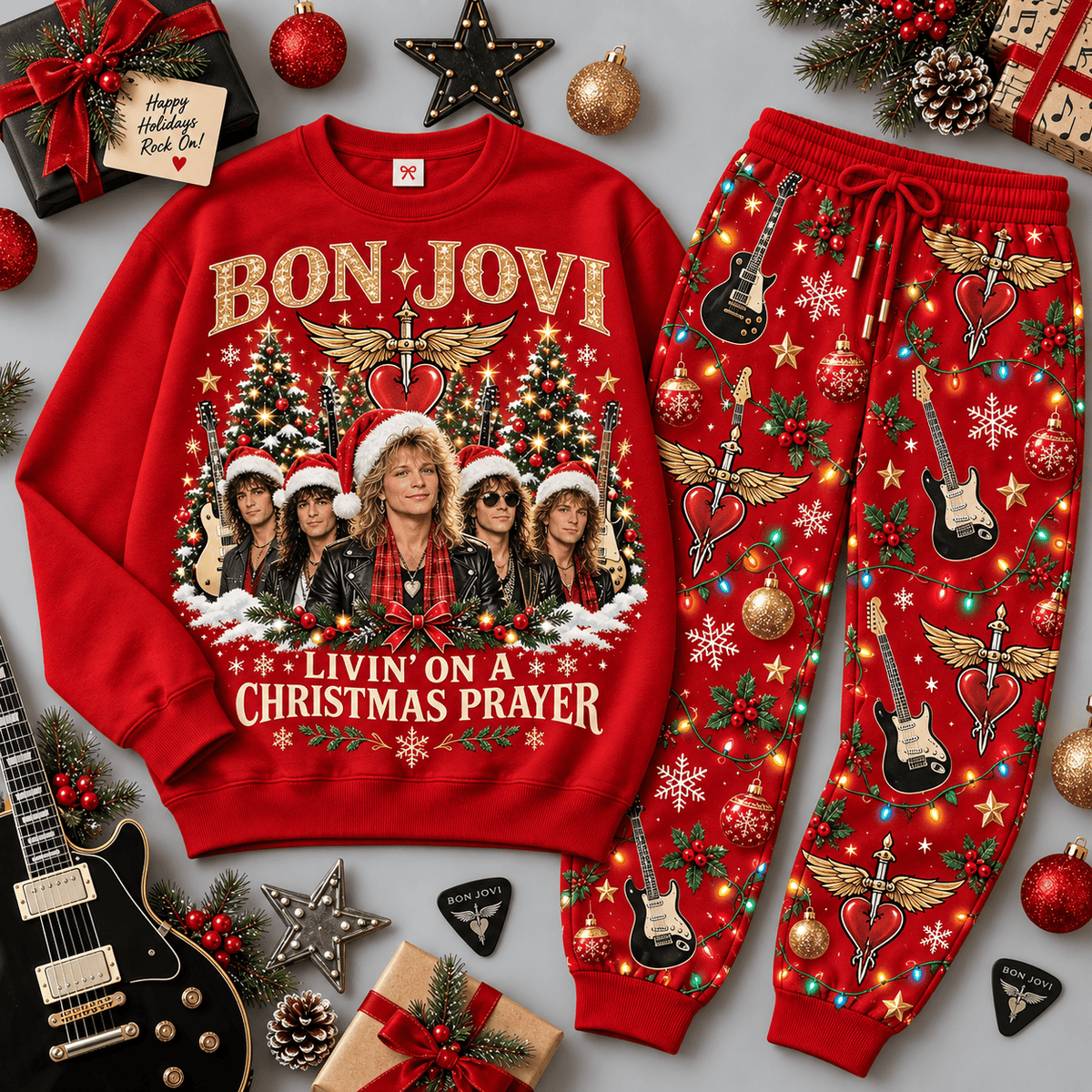 Bon Jovi Christmas Prayer Portrait Sweater Jogger Set for Arena Rock Fans NDN Red Flat