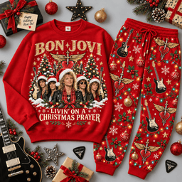Bon Jovi Christmas Prayer Portrait Sweater Jogger Set for Arena Rock Fans NDN Red Flat