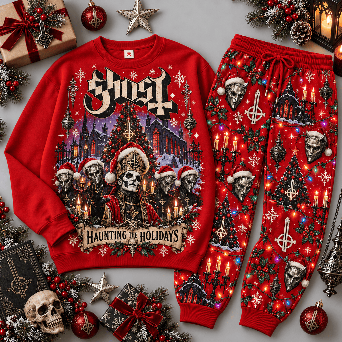 Ghost Haunting the Carols Skeletal Sweater Jogger Set for Theatrical Metal Fans NDN Red Flat