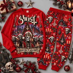 Ghost Haunting the Carols Skeletal Sweater Jogger Set for Theatrical Metal Fans NDN Red Flat