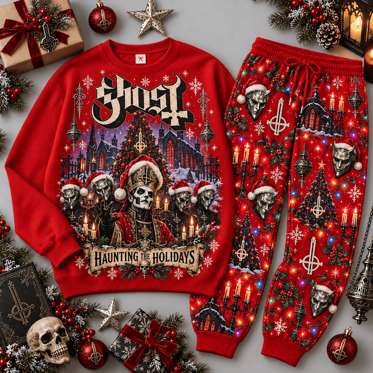 Ghost Haunting the Carols Skeletal Sweater Jogger Set for Theatrical Metal Fans NDN Red Flat
