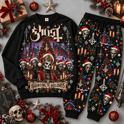 Ghost Haunting the Carols Skeletal Sweater Jogger Set for Theatrical Metal Fans NDN Black Flat