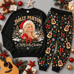Dolly Parton Holly Jolly Christmas Portrait Sweater Jogger Set for Country Music Fans NDN Black Flat