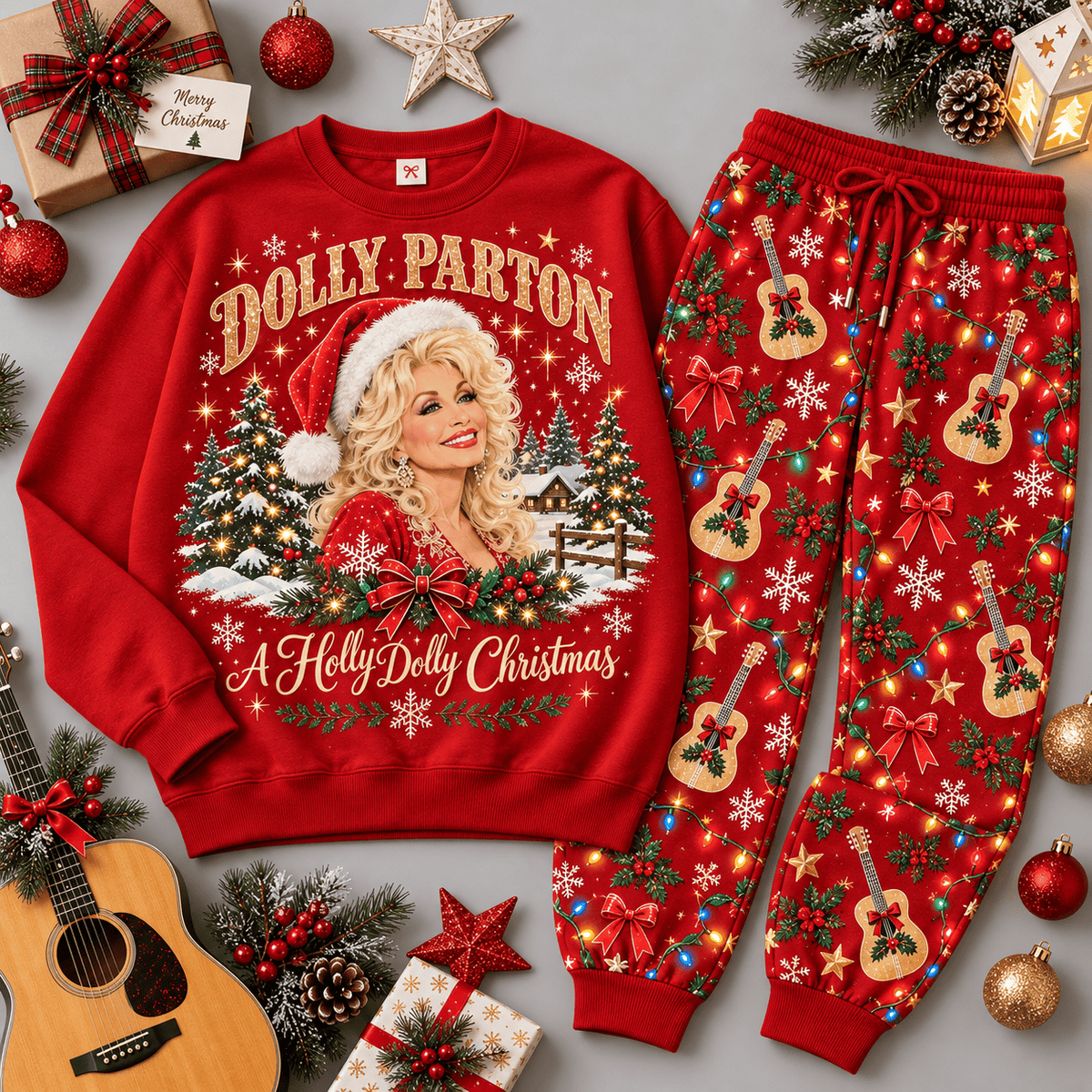 Dolly Parton Holly Jolly Christmas Portrait Sweater Jogger Set for Country Music Fans NDN Red Flat