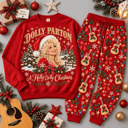 Dolly Parton Holly Jolly Christmas Portrait Sweater Jogger Set for Country Music Fans NDN Red Flat