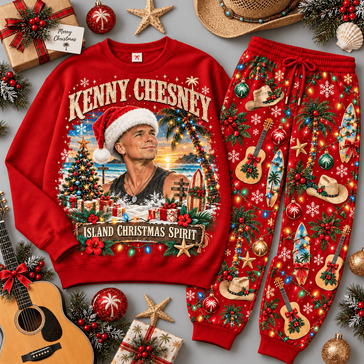 Kenny Chesney Island Christmas Spirit Portrait Sweater Jogger Set for Coastal Country Fans NDN Red Flat