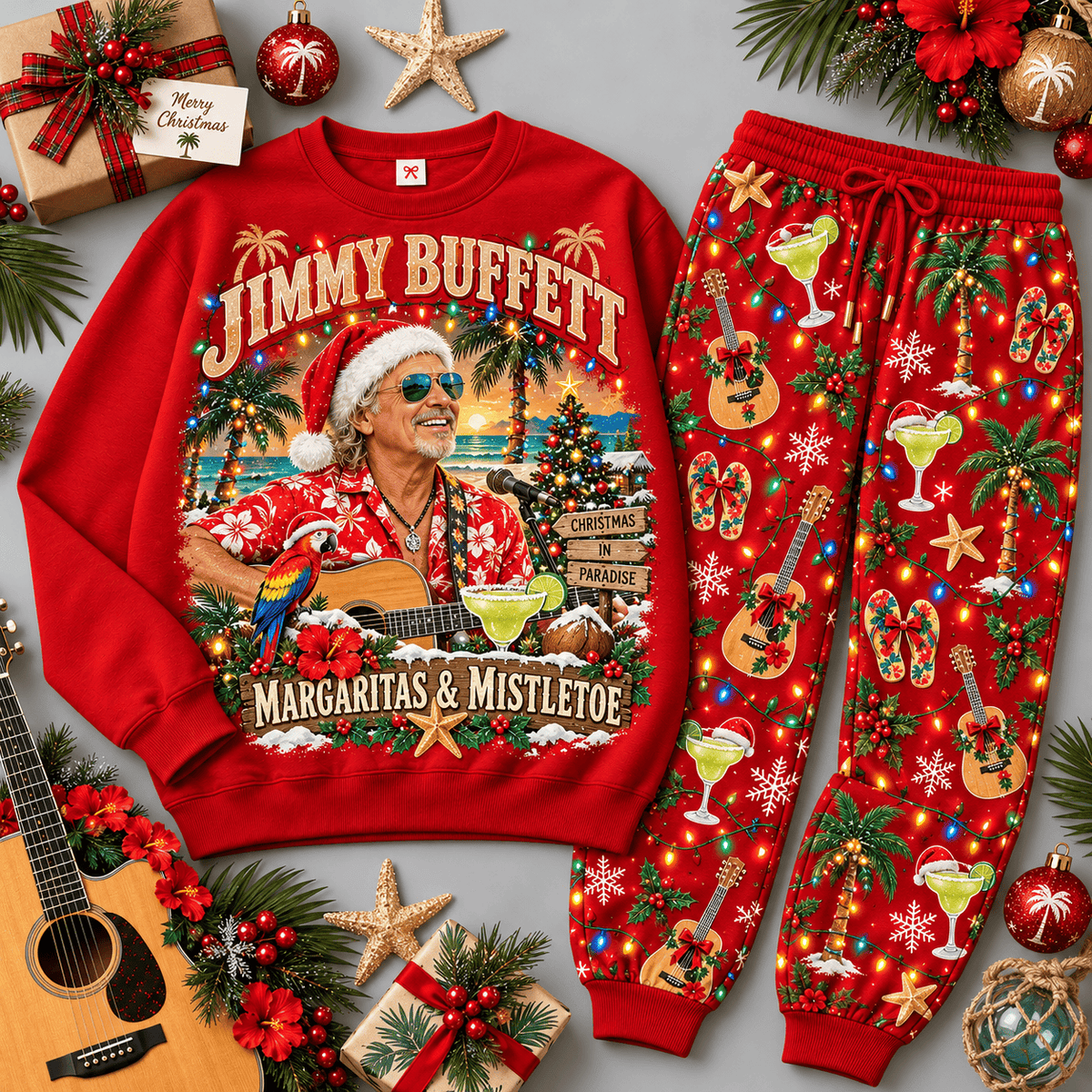 Jimmy Buffett Margaritas and Mistletoe Tropical Sweater Jogger Set for Parrothead Holidays NDN Red Flat