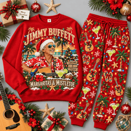 Jimmy Buffett Margaritas and Mistletoe Tropical Sweater Jogger Set for Parrothead Holidays NDN Red Flat