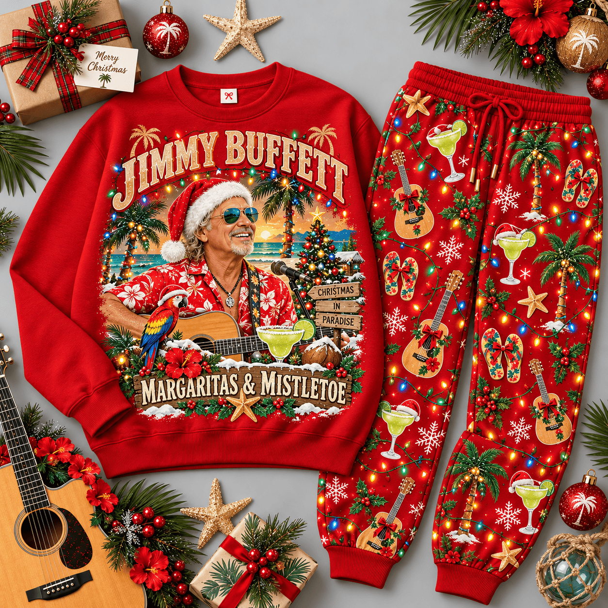 Jimmy Buffett Margaritas and Mistletoe Tropical Sweater Jogger Set for Parrothead Holidays NDN Red Flat