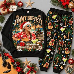Jimmy Buffett Margaritas and Mistletoe Tropical Sweater Jogger Set for Parrothead Holidays NDN Black Flat