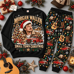 Morgan Wallen Small Town Christmas Portrait Sweater Jogger Set for Country Fans NDN Black Flat