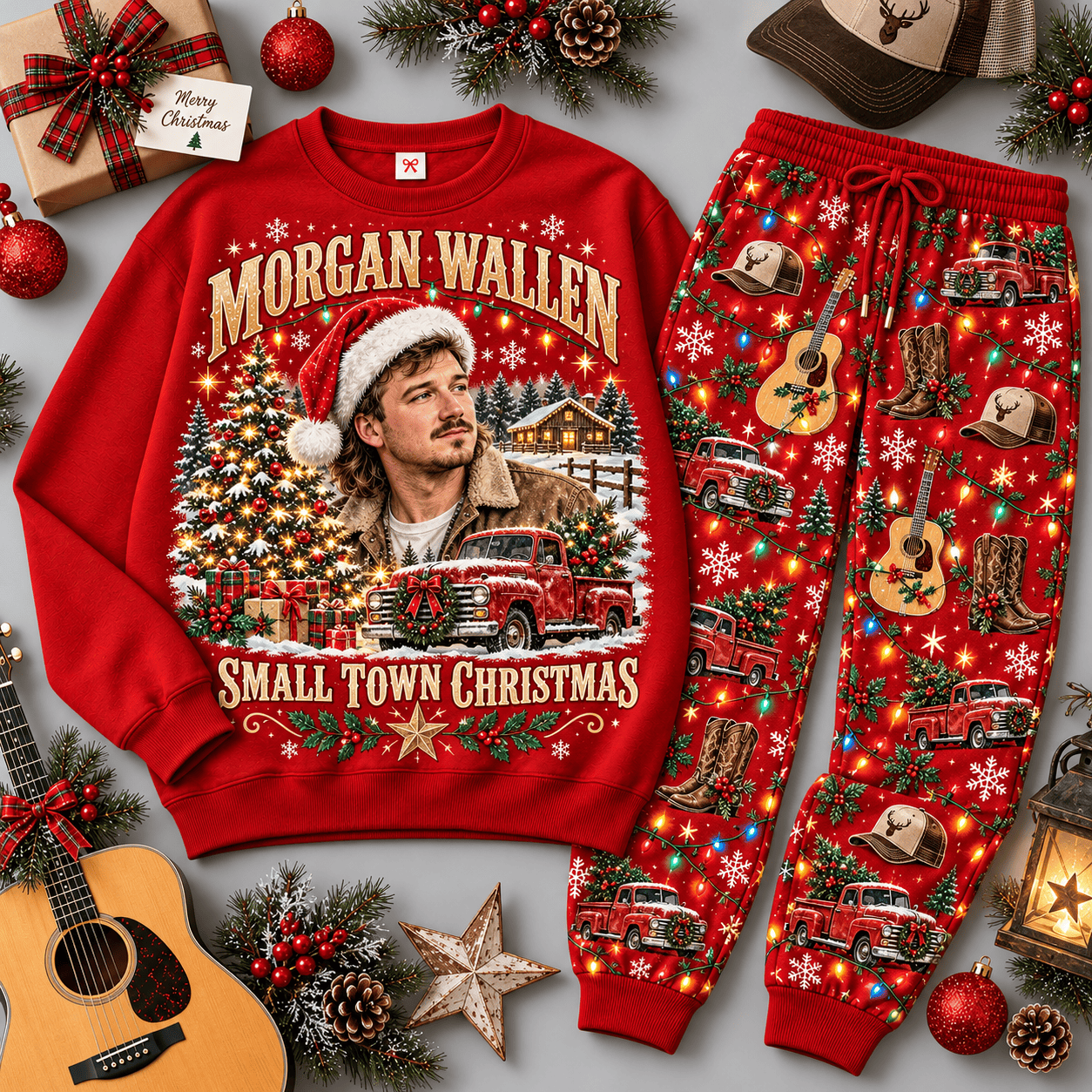 Morgan Wallen Small Town Christmas Portrait Sweater Jogger Set for Country Fans NDN Red Flat