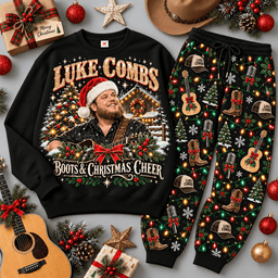 Luke Combs Boots and Christmas Cheer Portrait Sweater Jogger Set for Country Fans NDN Black Flat