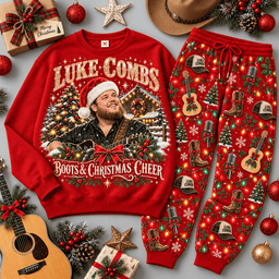 Luke Combs Boots and Christmas Cheer Portrait Sweater Jogger Set for Country Fans NDN Red Flat