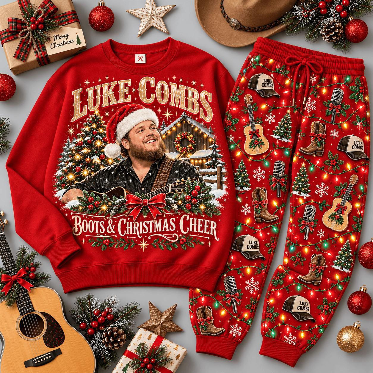Luke Combs Boots and Christmas Cheer Portrait Sweater Jogger Set for Country Fans NDN Red Flat